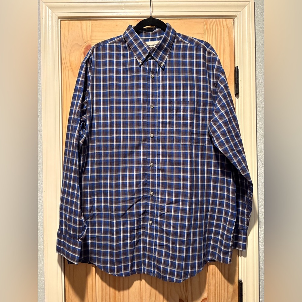 Wrangler Riata XL Blue Plaid Button Down Shirt Western Cowboy Ranch Workwear